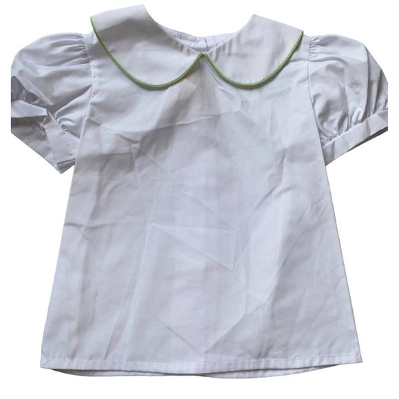 Castles & Crowns 4 NWOT white Peter Pan collar green trim puff sleeves button do - Picture 1 of 6